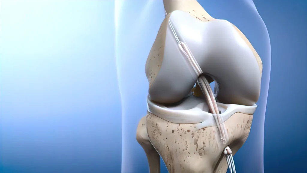 3D illustration of ACL reconstruction with the graft inside the knee, performed together with meniscus repair
