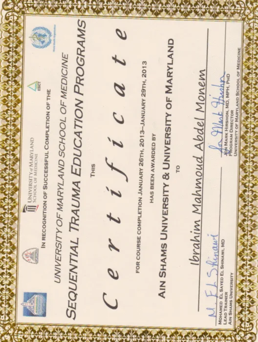شهادة التعامل مع حالات الاصابات والكسور المعقدة من جامعة ميريلاند - الولايات المتحدة الامريكية